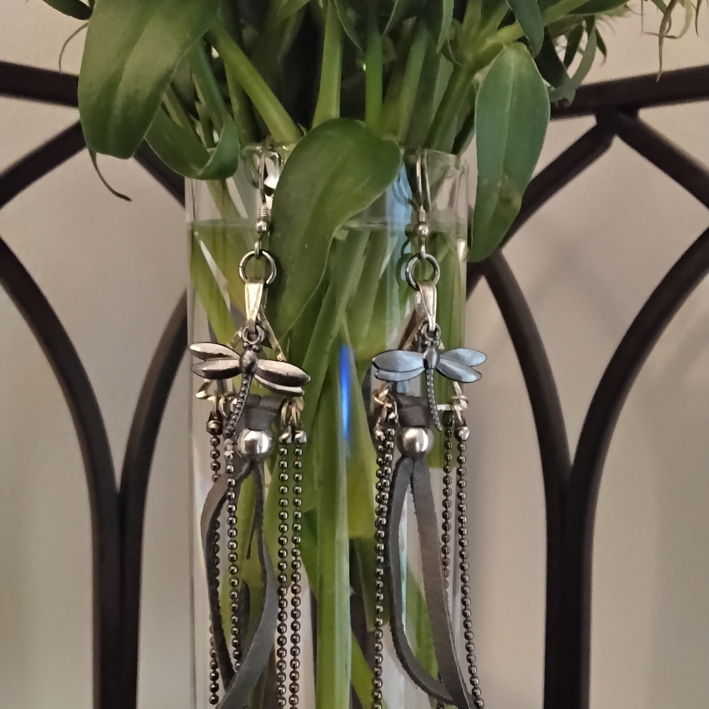 Handmade Gunmetal and Leather Dragonfly Earrings